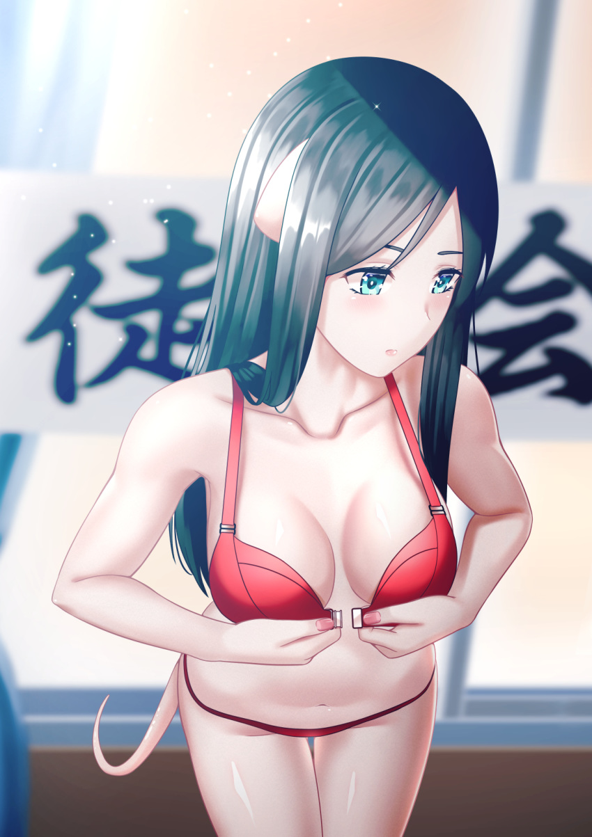 1girl animal_ears aqua_eyes banner black_hair blurry blurry_background bra breasts center_part cleavage collarbone commentary curtains from_above front-hook_bra hadano_miki highres kangbus light_blush lips lipstick long_hair looking_away makeup murenase!_shiiton_gakuen nail_polish naked_mole_rat panties pink_lipstick pink_nails red_bra red_panties solo sparkle tail thigh_gap translated underwear undressing unfastened window