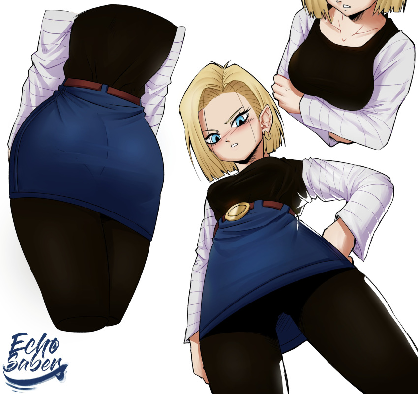 1girl absurdres android_18 artist_name ass ass_visible_through_thighs belt black_vest blonde_hair blue_eyes blush brown_belt cropped_shoulders crossed_arms dragon_ball earrings echo_saber from_below hand_on_hip head_out_of_frame highres hoop_earrings jewelry long_sleeves multiple_views nose_blush pantyhose short_hair vest white_background