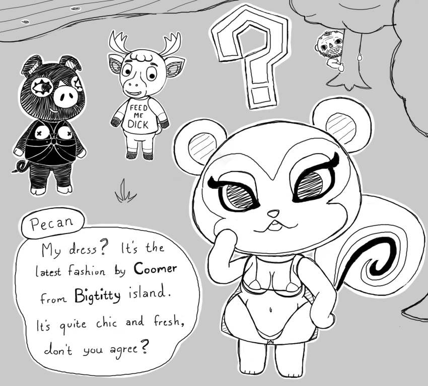 ? agnes_(animal_crossing) animal_crossing big_breasts bikini breasts capreoline cervid clothed clothing coomer dialogue domestic_pig english_text erik_(animal_crossing) gimp hi_res human mammal monochrome moose nintendo pecan_(animal_crossing) rodent rude_shirt sciurid simski skimpy spying suggestive suid suina sus_(pig) swimwear text video_games wide_hips