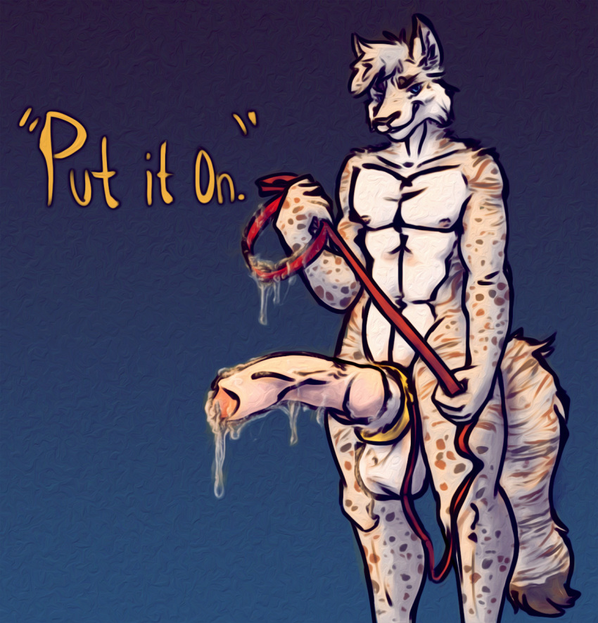 anthro big_penis bodily_fluids canid canine canis collar cool. cum cum_drip cum_on_collar cum_on_leash dialogue dripping felid feline genital_fluids genitals grin hannibal_azul hi_res huge_penis hybrid hyper hyper_genitalia hyper_penis leash leash_and_collar lynx male mammal penis smile solo text wolf