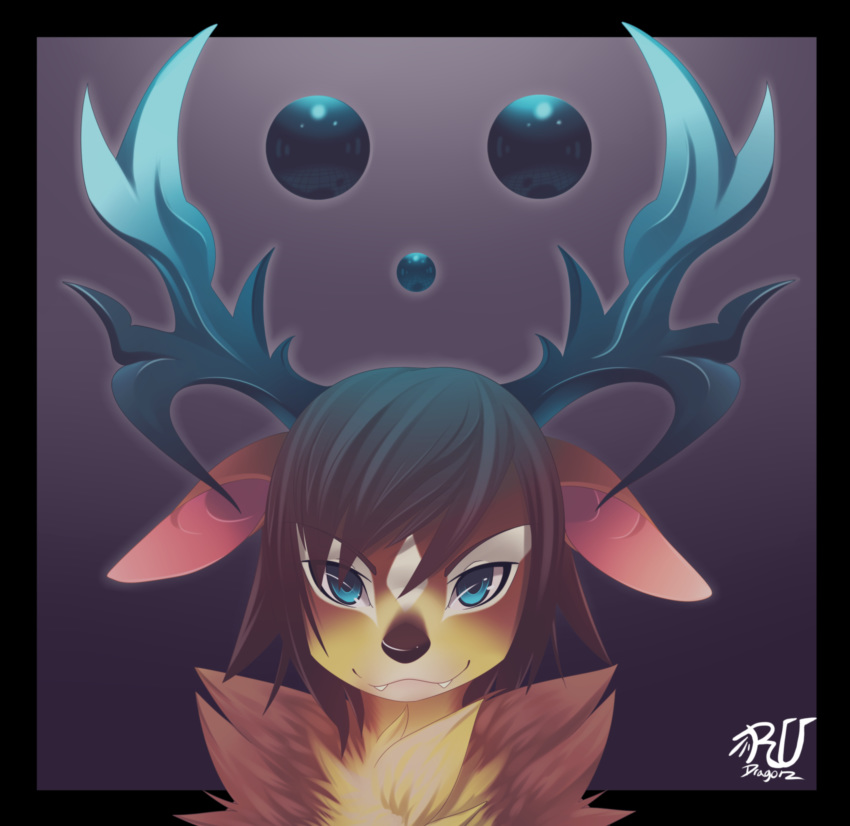 2014 anthro antlers black_border black_nose blue_eyes border brown_body brown_fur brown_hair bust_portrait cervid cute_fangs fur hair horn looking_at_viewer mammal portrait rudragon solo