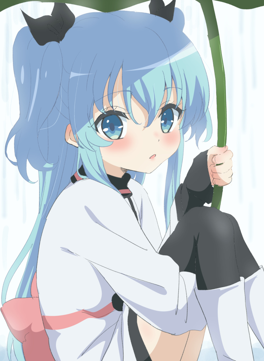 1girl bangs black_legwear black_ribbon blue_eyes blue_hair blush boots bow commentary_request dress eyebrows_visible_through_hair hair_between_eyes hair_ribbon hand_up highres holding knee_boots leaf_umbrella leg_hug long_sleeves looking_at_viewer looking_to_the_side noel_(sora_no_method) parted_lips pink_bow ribbon sidelocks sitting sleeves_past_wrists solo sora_no_method thighhighs thighhighs_under_boots trg-_(sain) two_side_up white_dress white_footwear