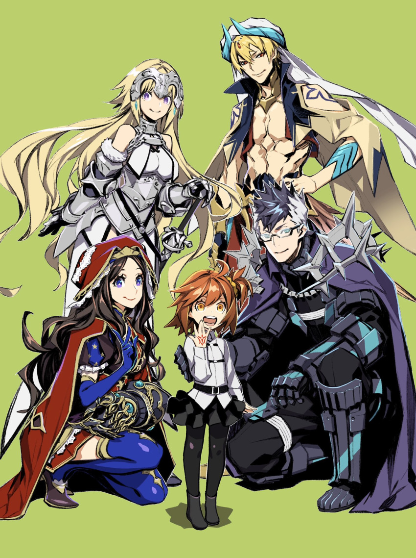 2boys 3girls abs ahoge arm_around_shoulder armor armored_boots bangs belt black_footwear black_hair black_legwear black_skirt blonde_hair blue_eyes blue_gloves blue_legwear boots breasts brown_footwear brown_hair cape child cloak closed_mouth dress elbow_gloves fate/grand_order fate_(series) frilled_skirt frills fujimaru_ritsuka_(female) full_body gauntlets gilgamesh gilgamesh_(caster)_(fate) glasses gloves green_background hair_between_eyes hand_on_hilt hand_on_hip helm helmet high_heels highres horns jeanne_d'arc_(fate) jeanne_d'arc_(fate)_(all) jewelry kneeling leonardo_da_vinci_(fate/grand_order) long_hair long_sleeves looking_at_viewer medium_breasts miniskirt miwa_shirou multicolored_hair multiple_boys multiple_girls one_knee open_mouth orange_eyes orange_hair pants pantyhose parted_bangs pendant photo-referenced puffy_short_sleeves puffy_sleeves purple_eyes red_eyes red_headwear shadow shirt shirtless shoes short_hair short_sidetail short_sleeves side_ponytail sigurd_(fate/grand_order) simple_background skirt smile spiked_armor spiked_hair standing star star_print sword thighhighs thighs turban two-tone_hair v veil waistcoat weapon white_hair white_shirt younger zettai_ryouiki