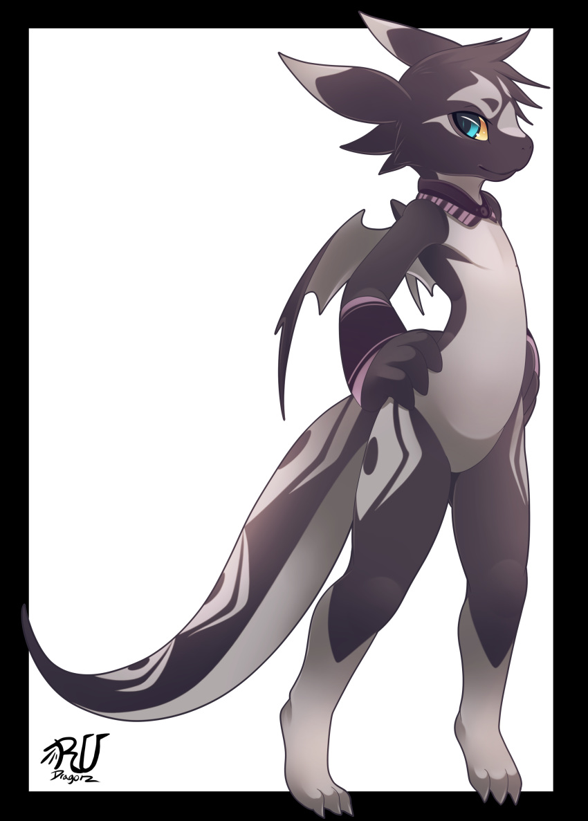 2014 anthro black_body black_border blue_eyes border cheek_tuft dipstick_ears dragon facial_tuft featureless_crotch grey_body head_tuft multicolored_ears rudragon simple_background solo standing tuft white_background