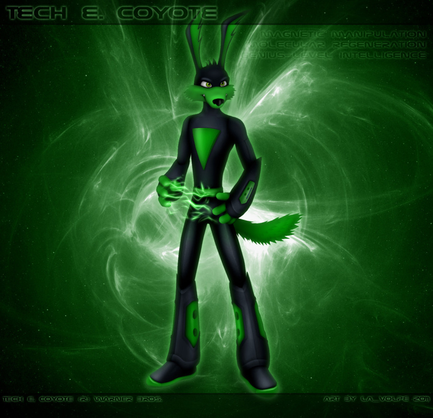 anthro bodysuit canid canine canis clothing coyote green_eyes hi_res la_volpe loonatics_unleashed looney_tunes male mammal skinsuit solo space superhero superpowers tech_e_coyote text tight_clothing toony warner_brothers