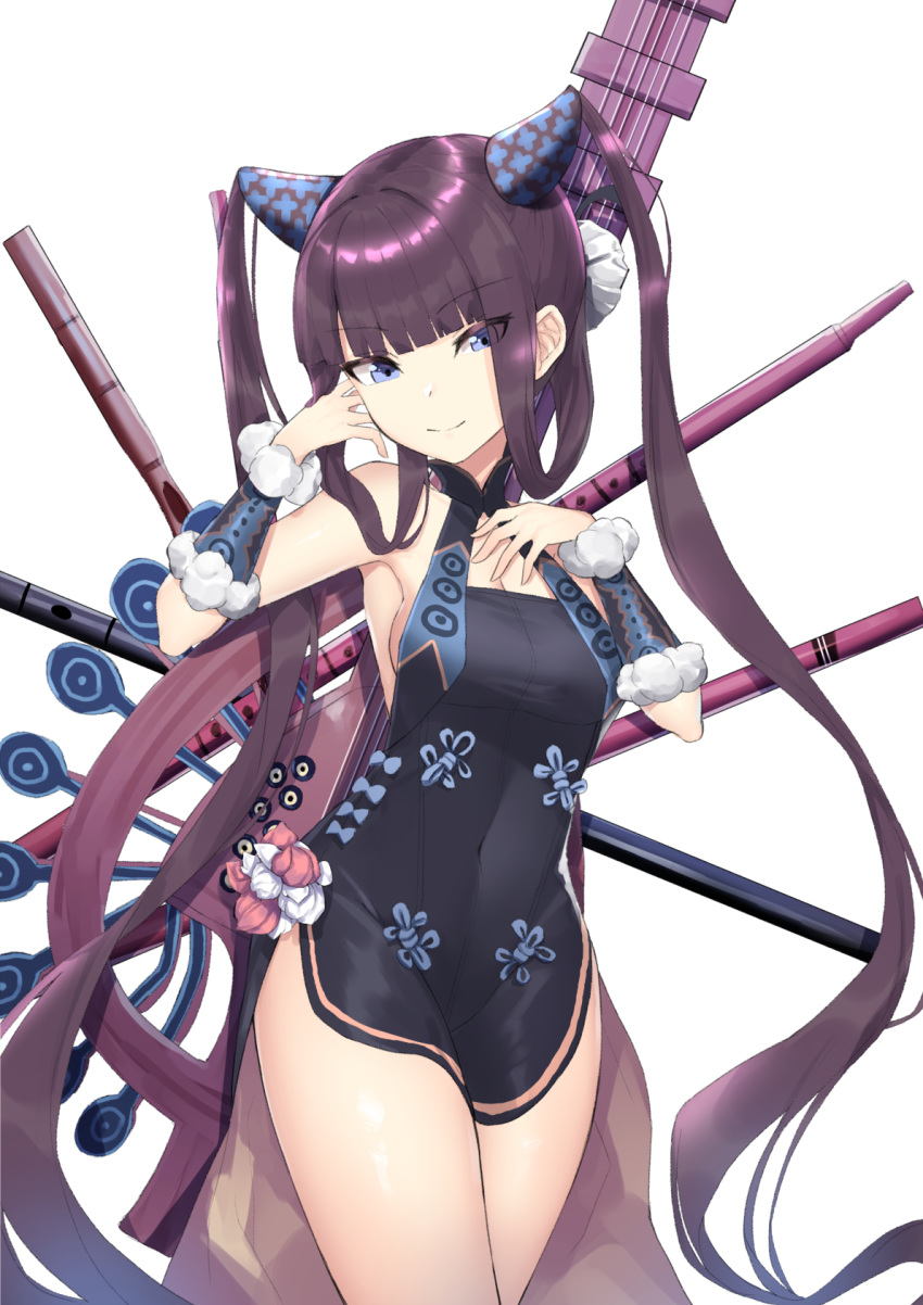 1girl 714_(leg200kr) bangs bare_shoulders black_dress blue_eyes blunt_bangs breasts china_dress chinese_clothes cleavage closed_mouth covered_navel detached_sleeves dress fate/grand_order fate_(series) flute hair_ornament hand_on_own_chest highres instrument long_hair looking_at_viewer medium_breasts pipa_(instrument) purple_hair side_slit sidelocks simple_background smile solo thighs twintails very_long_hair white_background yang_guifei_(fate/grand_order)