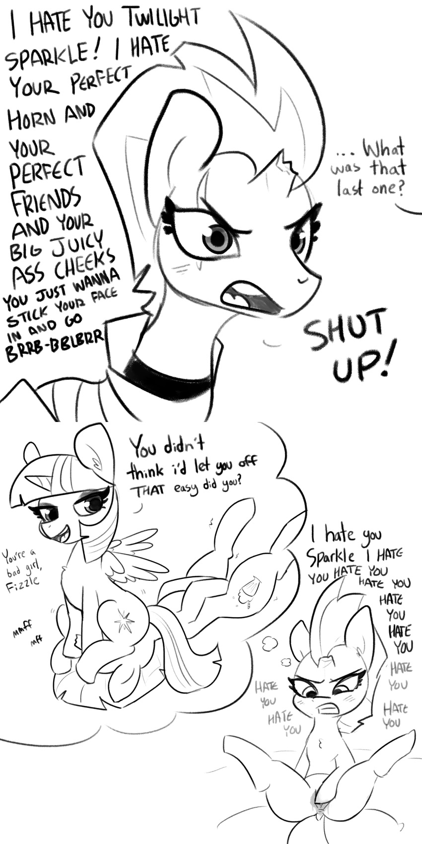 1:2 2020 absurd_res angry anus broken_horn dialogue dock duo english_text equid facesitting female feral fizzlepop_berrytwist_(mlp) friendship_is_magic genitals hair hi_res horn looking_at_viewer mammal masturbation monochrome my_little_pony my_little_pony:_the_movie_(2017) pussy smug tempest_shadow_(mlp) text tjpones twilight_sparkle_(mlp) unicorn winged_unicorn wings