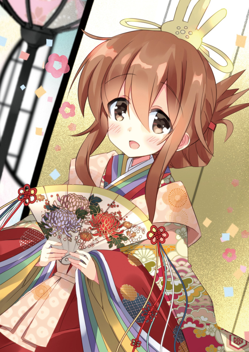 1girl bangs blush brown_eyes brown_hair confetti eyebrows_visible_through_hair fan floral_print flower folded_ponytail folding_fan hair_between_eyes highres hinamatsuri hizuki_yayoi holding holding_fan inazuma_(kantai_collection) japanese_clothes kantai_collection kimono layered_clothing layered_kimono long_sleeves open_mouth ponytail saishi sidelocks solo wide_sleeves