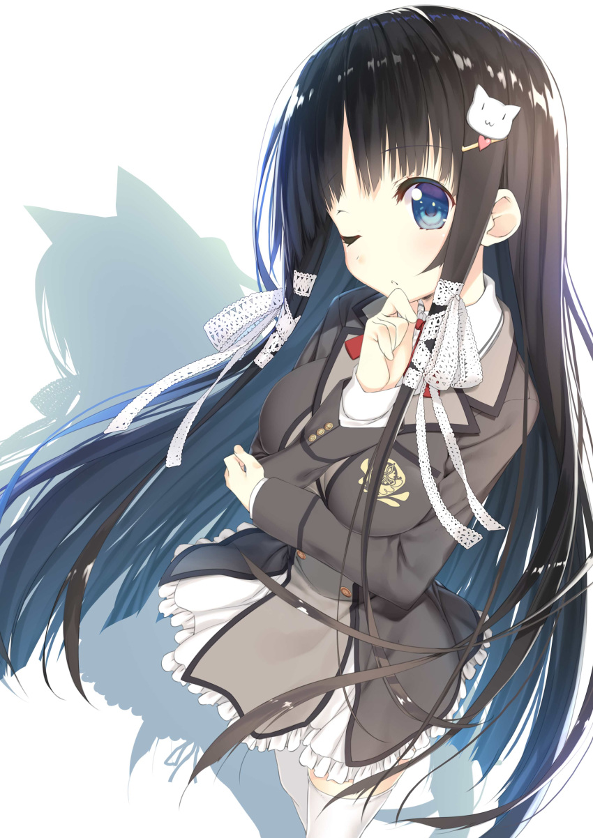 1girl absurdres aihara_soyogi aihara_soyogi_no_nayamigoto animal_ears bangs black_hair blue_eyes blush breasts cat_ears cat_hair_ornament different_shadow emblem eyebrows_visible_through_hair finger_to_chin frilled_skirt frills hair_ornament hair_ribbon hairclip hand_on_own_elbow hand_up heart heart_hair_ornament highres kagome_(traumatize) lace_ribbon large_breasts long_hair long_sleeves looking_at_viewer novel_illustration official_art one_eye_closed parted_lips ribbon school_uniform shadow shiny shiny_hair sidelocks simple_background skirt solo standing straight_hair thighhighs very_long_hair white_background white_legwear white_ribbon white_skirt zettai_ryouiki