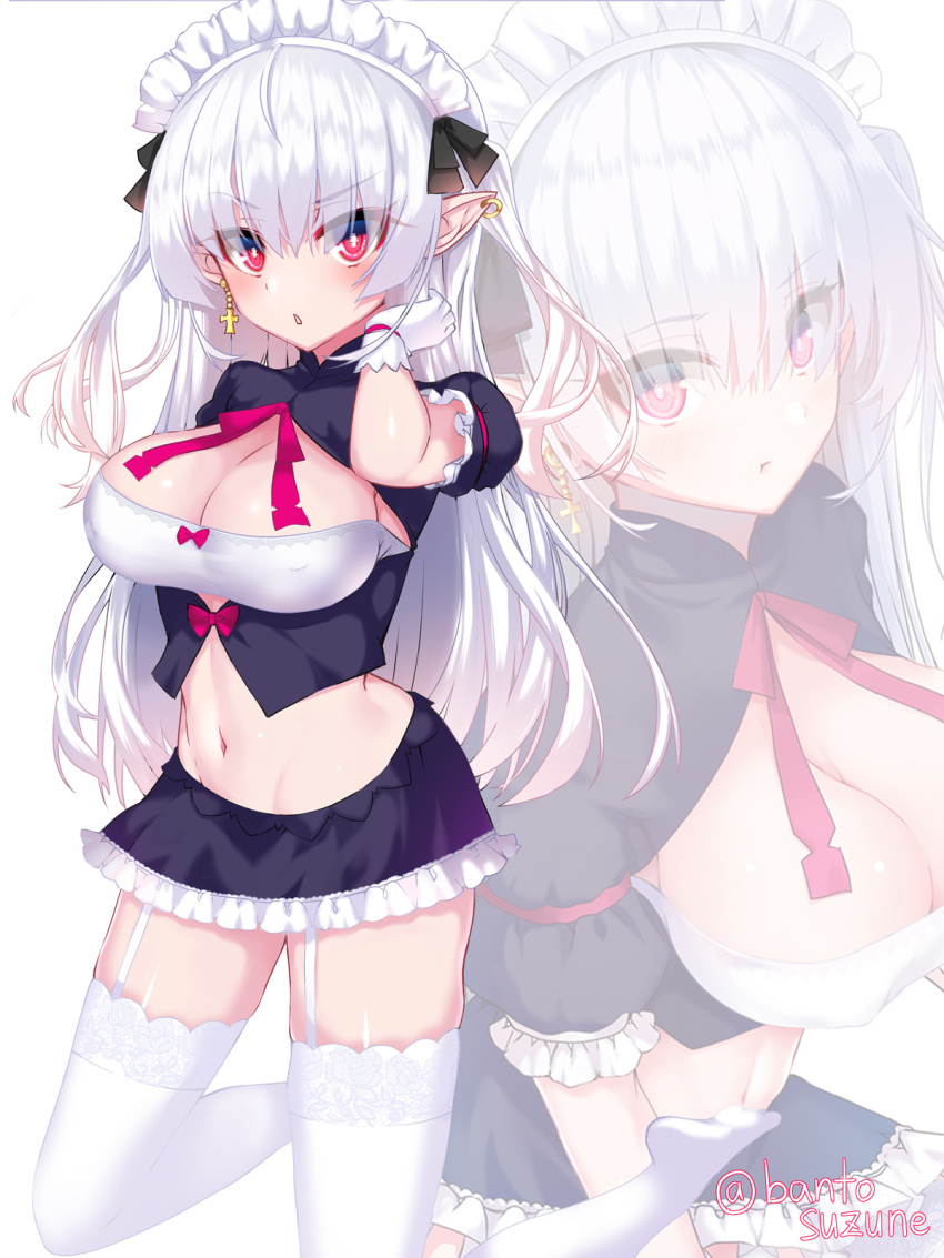 1girl bangs black_shirt black_skirt blush breasts cleavage cleavage_cutout commentary_request covered_nipples crop_top cross cross_earrings ear_piercing earrings elf eyebrows_visible_through_hair full_body garter_straps gloves groin hand_in_hair highres jewelry kneeling large_breasts long_hair looking_at_viewer maid maid_headdress midriff miniskirt mismatched_earrings navel no_shoes okuri_banto original piercing pointy_ears pout puffy_short_sleeves puffy_sleeves red_eyes red_ribbon ribbon shirt short_sleeves sidelocks skirt thighhighs triangle_mouth twitter_username white_background white_gloves white_hair white_legwear zettai_ryouiki zoom_layer
