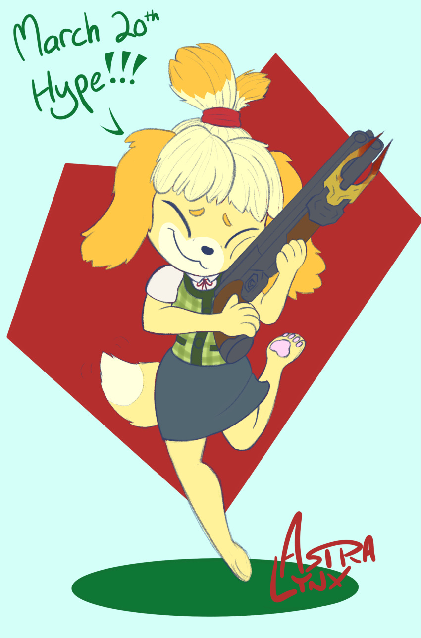 4_toes absurd_res animal_crossing anthro astralynx barefoot blonde_hair canid canine clothing feet female floppy_ears gun hair hi_res isabelle_(animal_crossing) mammal meat_hook nintendo pawpads pink_pawpads ranged_weapon shotgun sketch soles solo toes video_games weapon