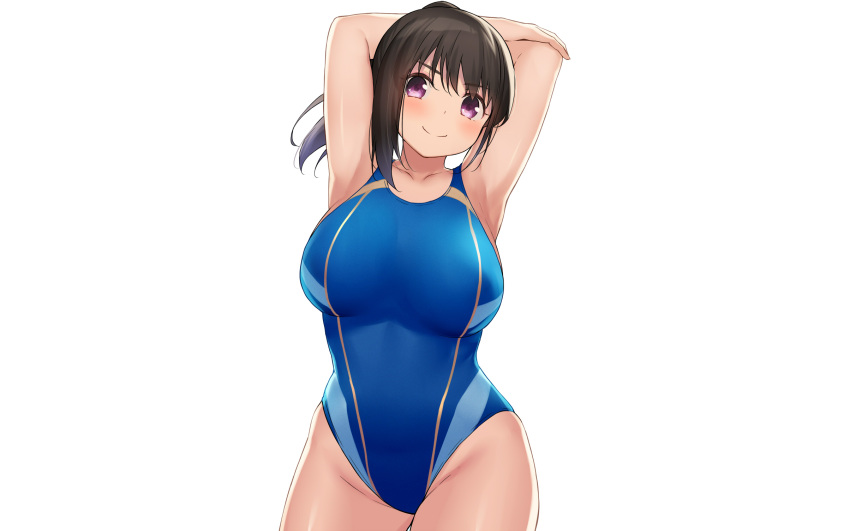 black_hair blush breasts cccpo long_hair original photoshop ponytail purple_eyes swimsuit white