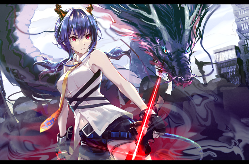 1girl arknights bare_arms bare_shoulders black_gloves blue_hair blue_shorts breasts ch'en_(arknights) closed_mouth collared_shirt cowboy_shot csyko denim denim_shorts dragon dragon_horns dragon_tail dual_wielding eastern_dragon elite_ii_(arknights) fingerless_gloves gloves holding holding_sword holding_weapon horns letterboxed long_hair low_twintails medium_breasts navel necktie serious shirt short_shorts shorts sleeveless sleeveless_shirt solo standing sword tail twintails weapon white_shirt