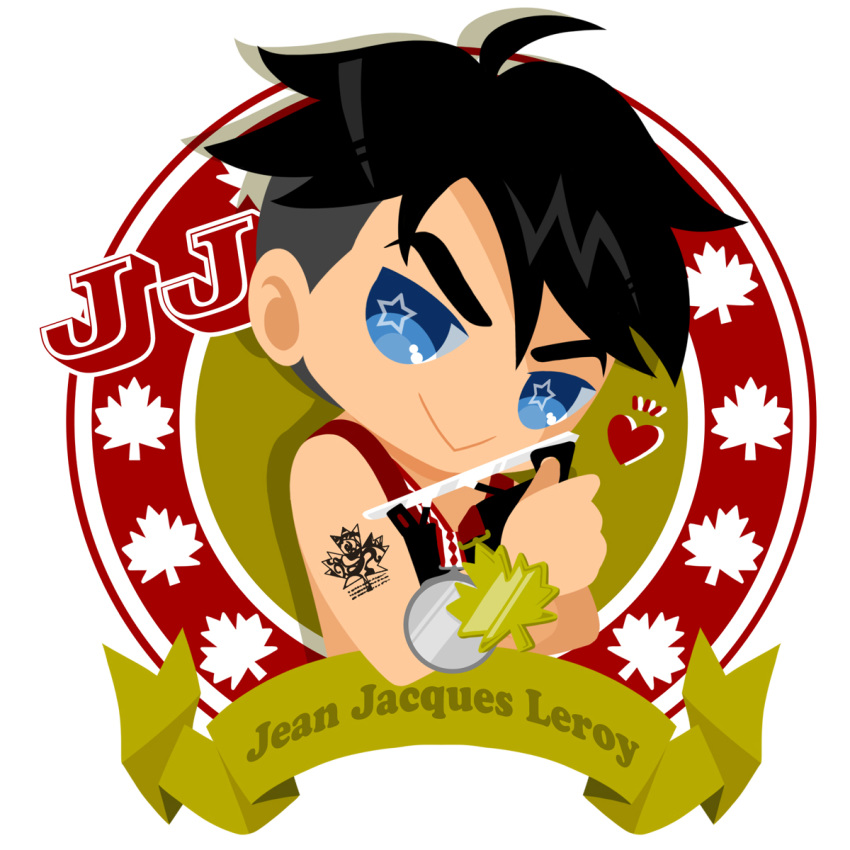 1boy :&gt; black_hair blue_eyes character_name heart highres ice_skates jean-jacques_leroy kaorin_minogue leaf male_focus maple_leaf medal skates smile star star-shaped_pupils symbol-shaped_pupils tattoo upper_body yuri!!!_on_ice