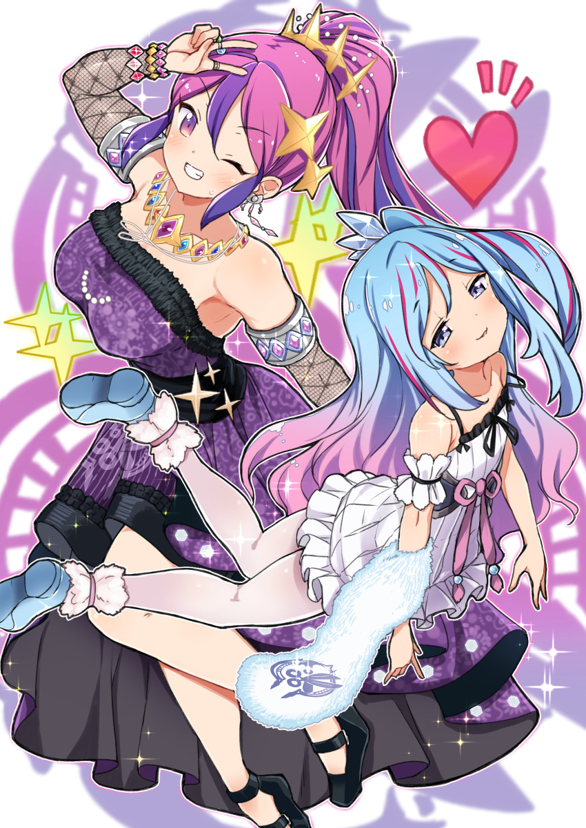 2girls absurdres bare_shoulders blue_eyes blue_hair blush bracelet breasts detached_sleeves dress duel_monster earrings hair_ornament heart highres jewelry kounosu_satori large_breasts long_hair multiple_girls necklace one_eye_closed ponytail purple_eyes purple_hair ring side_ponytail small_breasts smug thighhighs witchcraft_master_verre witchcrafter_edel yuu-gi-ou
