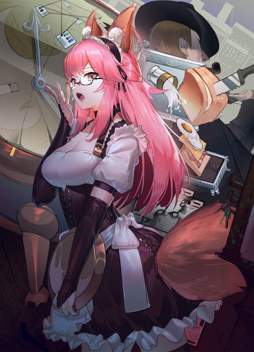1boy 1girl alternate_costume animal_ears bangs black_headwear breasts cleavage commentary_request egg enmaided eyebrows_visible_through_hair fate/grand_order fate_(series) fox_ears fox_tail glasses highres holding knife large_breasts long_hair luomo maid maid_dress milk nail_polish open_mouth pink_hair pink_nails puffy_short_sleeves puffy_sleeves red_eyes short_hair short_sleeves solo_focus tail tamamo_(fate)_(all) tamamo_no_mae_(fate)
