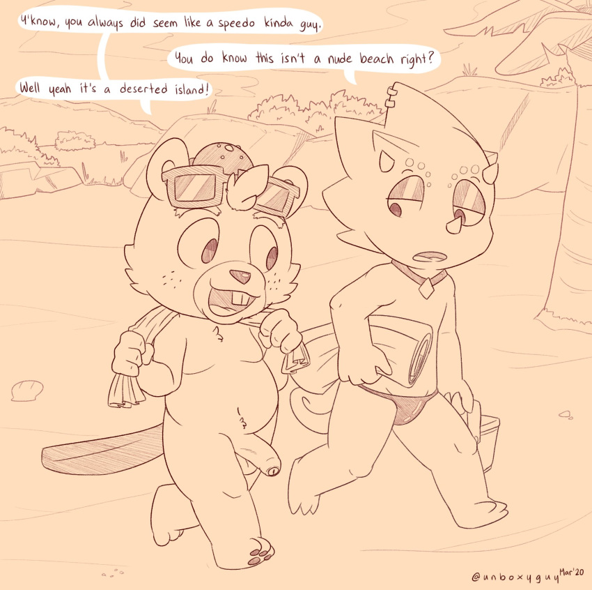 2020 animal_crossing anthro balls beach beaver belly c.j._(animal_crossing) chibi clothing detailed_background duo english_text flick_(animal_crossing) foreskin genitals hat headgear headwear hi_res humanoid_genitalia humanoid_hands humanoid_penis lizard male mammal nintendo outside penis reptile rodent scalie seaside slightly_chubby speedo swimwear text towel unboxyguy video_games