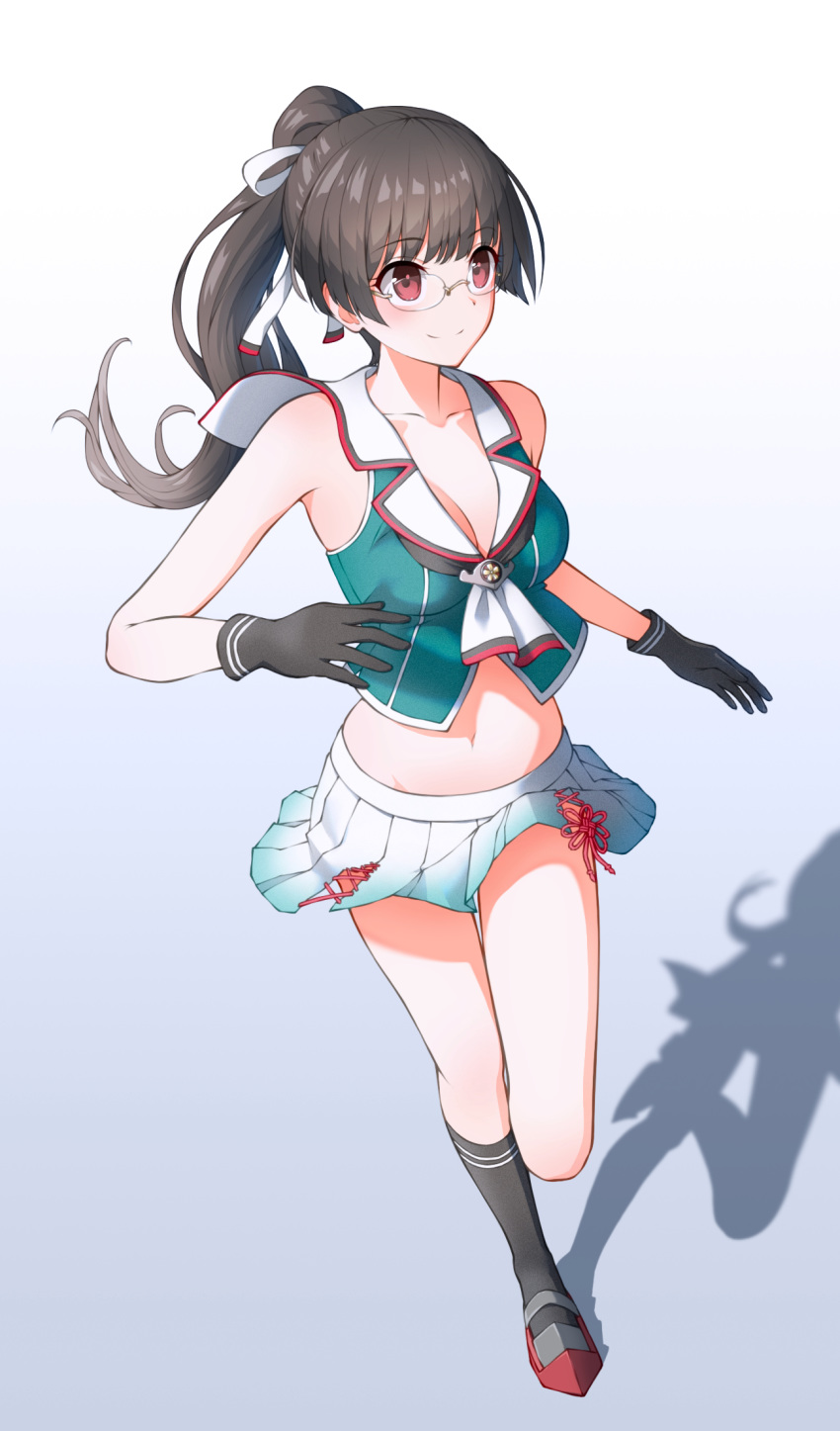 1girl alternate_hairstyle black_gloves black_hair black_legwear choukai_(kantai_collection) commentary_request crop_top glasses gloves gradient gradient_background hair_ornament highres kantai_collection kneehighs long_hair looking_to_the_side midriff pleated_skirt ponytail rankebu red_eyes remodel_(kantai_collection) rimless_eyewear running shadow shirt skirt sleeveless sleeveless_shirt solo white_background white_skirt