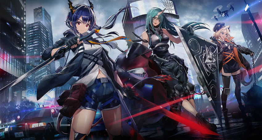 3girls :d animal_ears arknights arm_ribbon armor bangs bare_shoulders belt beret black_dress black_gloves black_headwear black_jacket black_legwear black_pants black_ribbon black_shirt blonde_hair blue_hair boots breastplate breasts car ch'en_(arknights) chain city clothes_around_waist cloud cloudy_sky commentary_request crown_victoria dragon_horns dragon_tail dress drill_hair drill_locks drone dual_wielding dutch_angle fang fingerless_gloves ford gloves green_hair ground_vehicle hair_over_one_eye hat holding holding_chain holding_sword holding_weapon horn horns hoshiguma_(arknights) jacket katana knee_pads long_hair looking_at_viewer medium_breasts motor_vehicle motorcycle multiple_girls navel necktie oni_horns open_clothes open_jacket open_mouth outdoors pants planted police_car red_eyes reverse_grip revision ribbon shield shirt short_dress shorts side_slit skin-covered_horns sky sleeveless sleeveless_shirt smile standing swav swire_(arknights) sword tail thighhighs thighs tiger_ears twin_drills weapon white_shirt yellow_eyes yellow_neckwear zettai_ryouiki