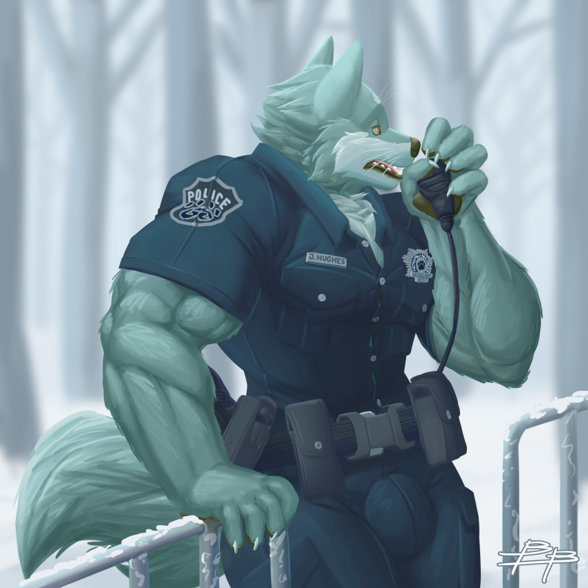 2019 5_fingers absurd_res anthro biceps big_muscles black_pawpads blueblaster bottomwear bulge canid canine canis claws clothing dress_shirt fingers fur grey_body grey_fur hi_res male mammal muscular muscular_arms muscular_male orange_eyes pants pawpads police shirt solo tight_clothing topwear white_claws wolf