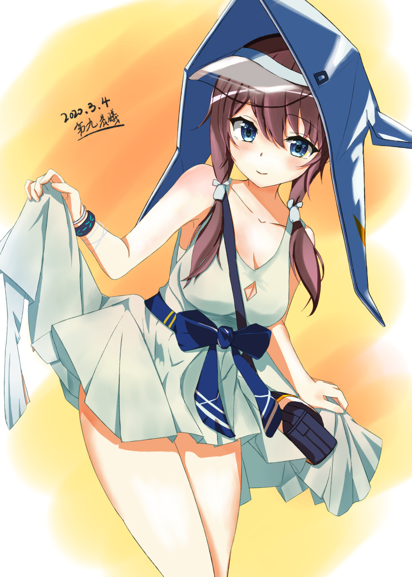 1girl absurdres aqua_dress arknights artist_name bag bangs blue_eyes blue_headwear blue_sash blush bow bracelet breasts brown_hair chinese_commentary cleavage commentary cowboy_shot dated dijiuchenxi dress eyebrows_visible_through_hair hair_bow highres jewelry long_hair looking_at_viewer low_twintails medium_breasts multicolored multicolored_background orange_background purestream_(arknights) sash short_dress signature skirt_hold sleeveless sleeveless_dress smile solo standing thighs translated twintails yellow_background