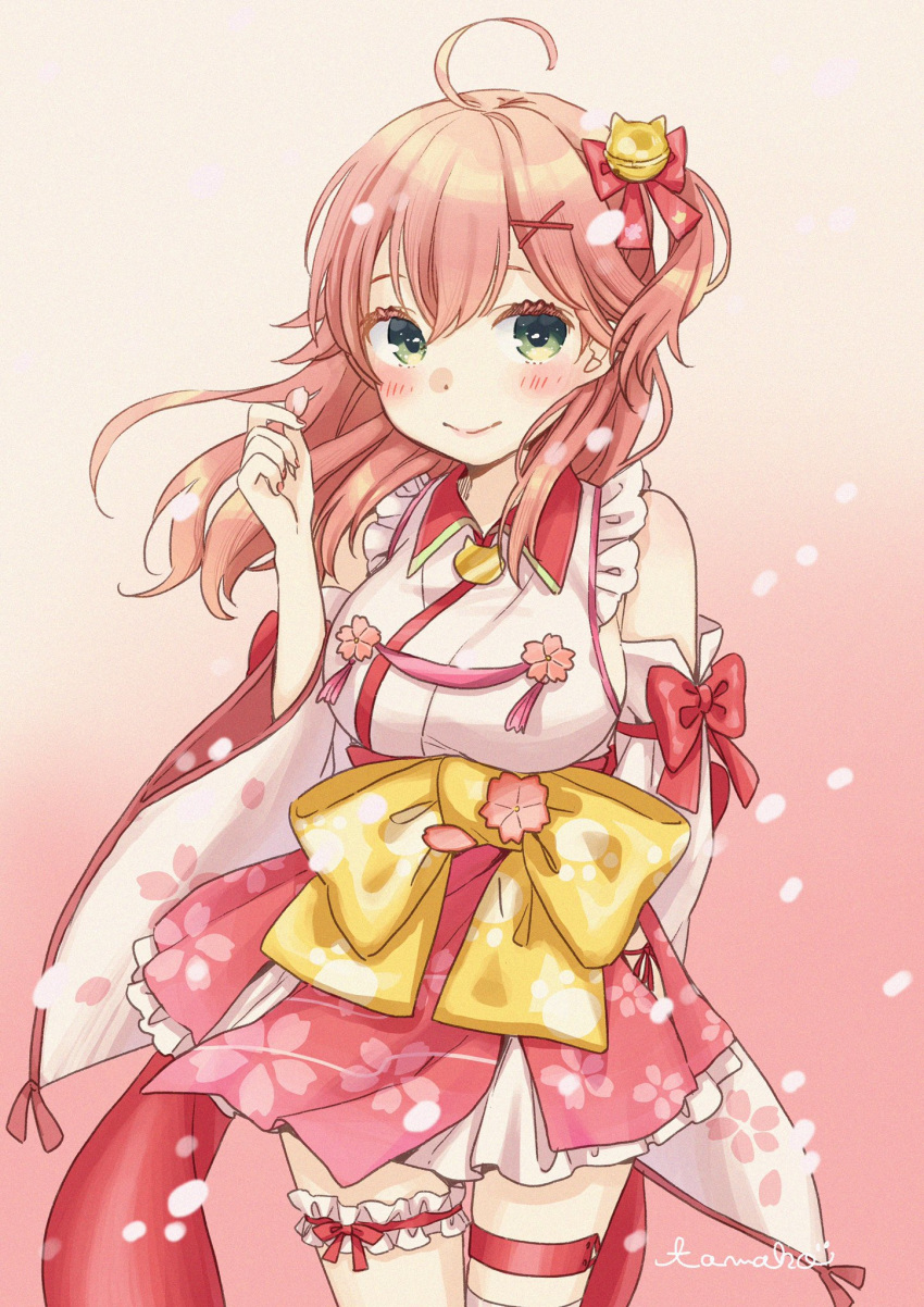 1girl ahoge bare_shoulders blush breasts cherry_blossom_print closed_mouth detached_sleeves floral_print frills green_eyes hair_between_eyes hair_ornament highres holding_petal hololive leg_garter long_hair mizutamako nontraditional_miko one_side_up petals pink_hair sakura_miko signature smile solo virtual_youtuber wide_sleeves