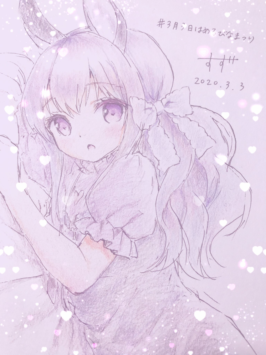 1girl :o animal_ears bangs blush bow bunny_ears chitosezaka_suzu commentary_request dated dress eyebrows_visible_through_hair hair_between_eyes hair_bow heart highres long_hair looking_at_viewer original parted_lips puffy_short_sleeves puffy_sleeves purple_background purple_bow purple_dress purple_eyes purple_hair purple_theme short_sleeves solo traditional_media translation_request