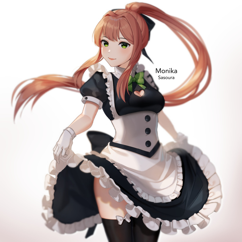 1girl alternate_costume artist_name black_legwear black_ribbon bow bow_legwear bowtie breasts brown_hair character_name cleavage cleavage_cutout commentary cowboy_shot doki_doki_literature_club english_commentary enmaided eyebrows_visible_through_hair frills gloves gradient gradient_background green_eyes green_neckwear hair_ribbon highres long_hair looking_at_viewer maid medium_breasts monika_(doki_doki_literature_club) ponytail puffy_short_sleeves puffy_sleeves ribbon sasoura short_sleeves sidelocks simple_background skirt_hold smile solo thighhighs very_long_hair white_background white_gloves