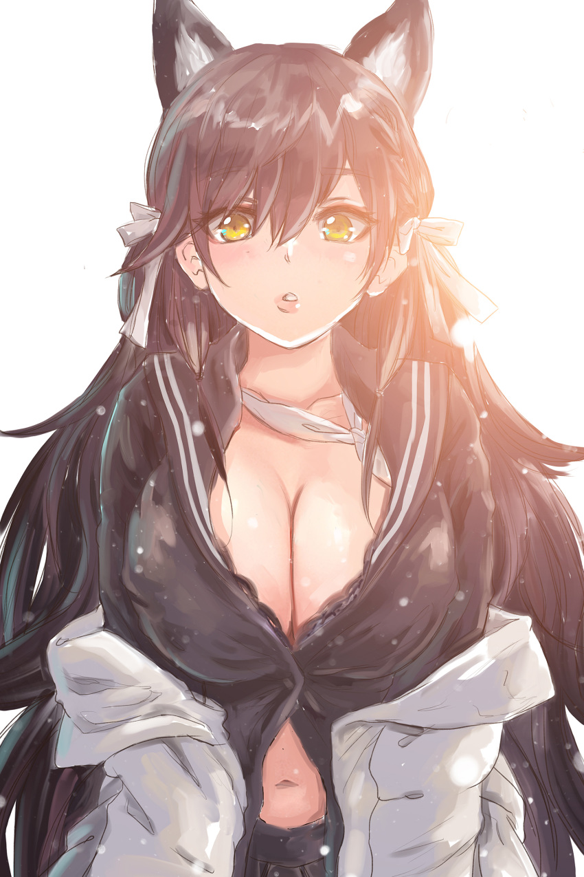 1girl :o alternate_costume atago_(azur_lane) atago_(school_daydream)_(azur_lane) azur_lane bangs black_sailor_collar black_serafuku black_shirt blush breasts buttons cleavage collarbone commentary_request covered_nipples extra_ears eyebrows_visible_through_hair hair_between_eyes hair_flaps hair_ornament hair_ribbon highres large_breasts long_hair long_sleeves looking_at_viewer mole mole_under_eye nasu_(luliice) navel neckerchief no_bra off_shoulder open_mouth ribbon sailor_collar school_uniform serafuku shirt sidelocks simple_background solo very_long_hair white_background white_cardigan white_ribbon yellow_eyes