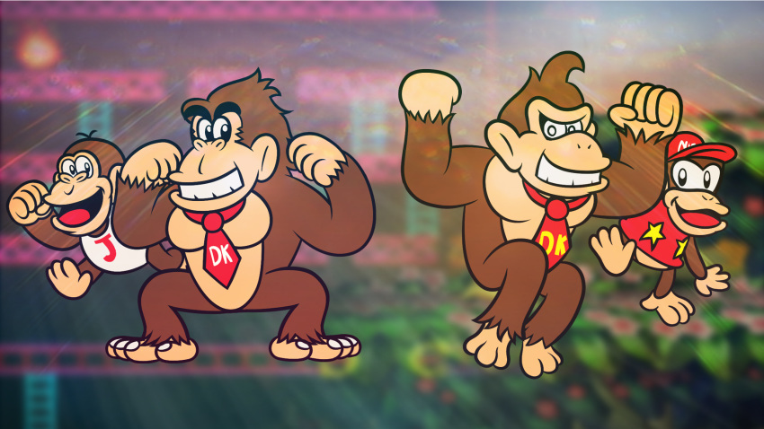 ape black_eyes bottomless brown_body brown_fur clothed clothing diddy_kong donkey_kong_(character) donkey_kong_(series) donkey_kong_jr. father father_and_child father_and_son flexing fur haplorhine hat headgear headwear male mammal monkey necktie nephew nintendo open_mouth parent parent_and_child primate quickestmario screencap screencap_background smile son uncle uncle_and_nephew video_games
