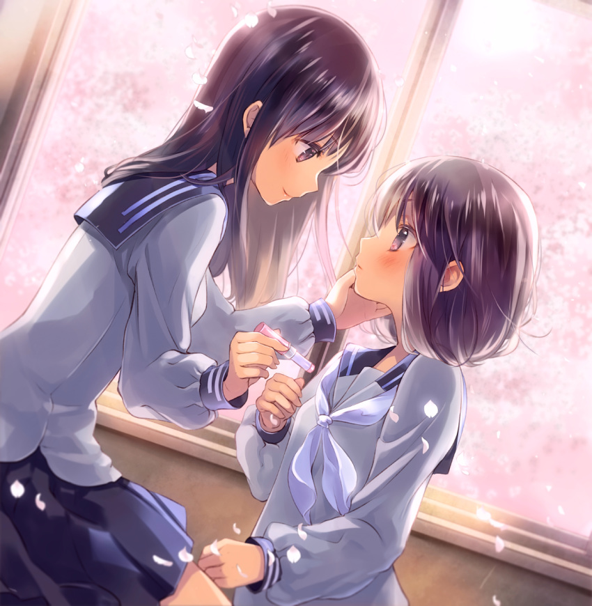 2girls bangs black_sailor_collar black_skirt blue_neckwear blush cherry_blossoms closed_mouth commentary_request dutch_angle eye_contact eyebrows_visible_through_hair grey_shirt hand_on_another's_face highres holding indoors kuga_tsukasa long_sleeves looking_at_another multiple_girls neckerchief original petals pleated_skirt profile purple_eyes purple_hair sailor_collar school_uniform serafuku shirt sitting skirt sleeves_past_wrists smile standing window