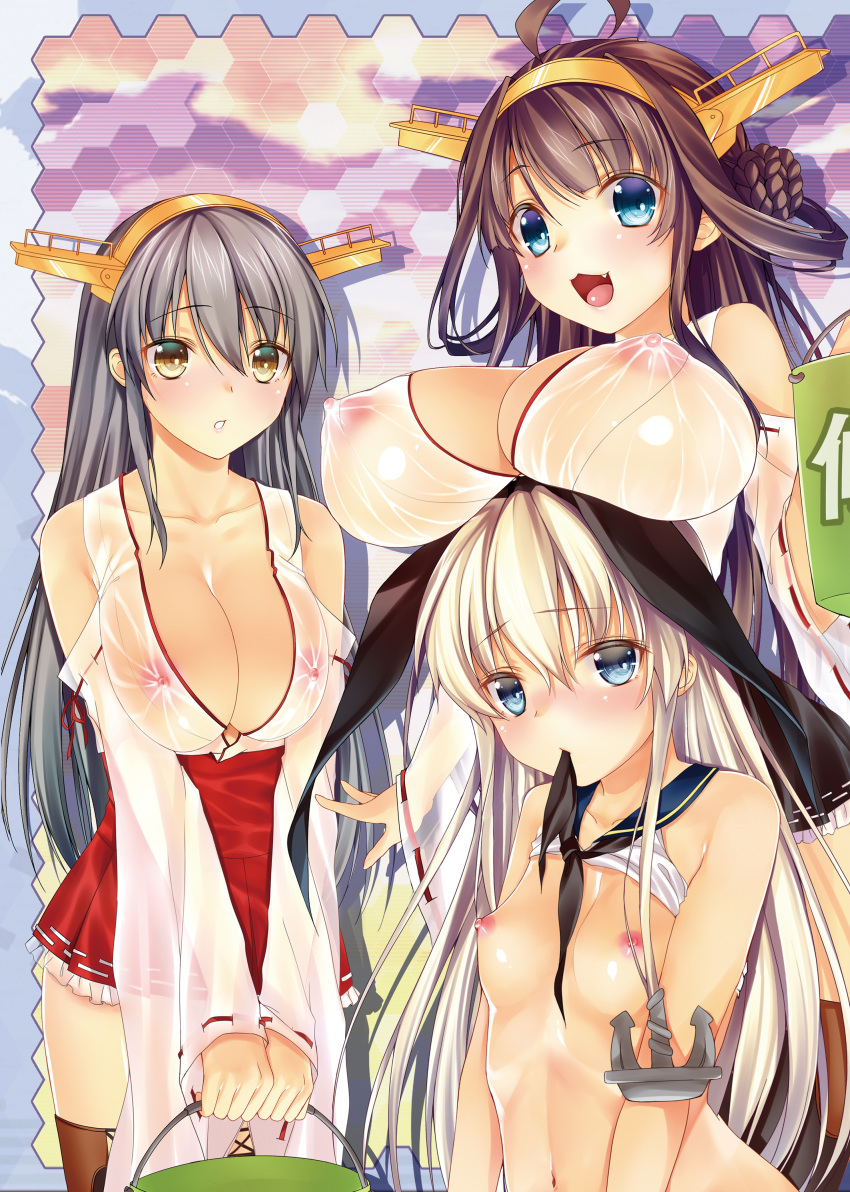 3girls absurdres bare_shoulders black_hair black_hairband blonde_hair blush boots breast_rest breasts breasts_on_head brown_eyes brown_hair cleavage crop_top detached_sleeves double_bun grey_eyes hair_ornament hairband hairclip haruna_(kantai_collection) headgear high_heels highres japanese_clothes kantai_collection kongou_(kantai_collection) large_breasts long_hair looking_at_viewer multiple_girls nipples nontraditional_miko obiwan open_mouth remodel_(kantai_collection) scan school_uniform see-through serafuku shimakaze_(kantai_collection) skirt small_breasts smile thigh_boots thighhighs wet wet_clothes