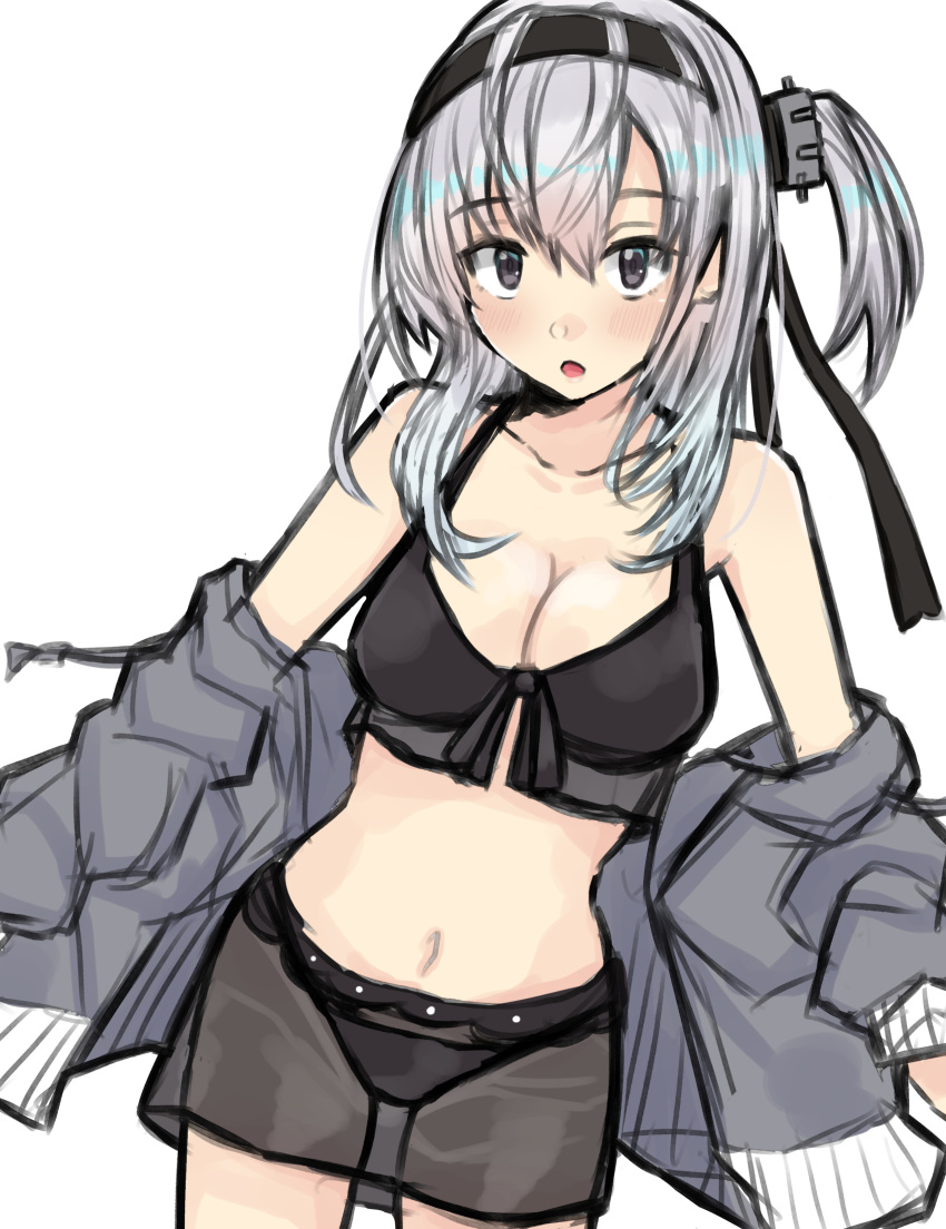 1girl absurdres bikini bikini_skirt black_bikini black_headband breasts cleavage collarbone commentary_request cowboy_shot dokuganryuu grey_eyes grey_jacket hair_ornament headband highres jacket kantai_collection long_hair looking_at_viewer medium_breasts one_side_up open_clothes open_jacket see-through silver_hair simple_background solo suzutsuki_(kantai_collection) swimsuit white_background