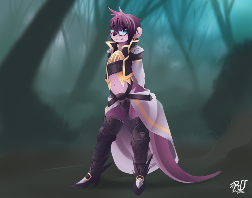 2014 anthro blue_eyes clothed clothing detailed_background eyewear forest glasses hair lutrine mammal midriff mustelid navel outside purple_body purple_hair rudragon smile solo standing tree