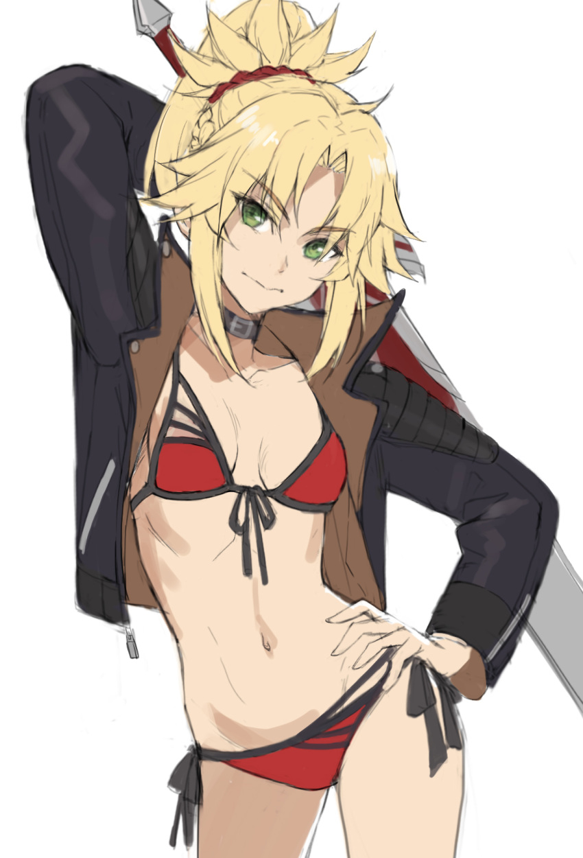 1girl arm_behind_back arm_up bangs bikini black_jacket blonde_hair braid breasts clarent closed_mouth collar collarbone fate/apocrypha fate_(series) french_braid green_eyes hair_ornament hair_scrunchie hand_on_hip highres jacket long_hair long_sleeves looking_at_viewer mordred_(fate)_(all) mordred_(swimsuit_rider)_(fate) navel open_clothes open_jacket ponytail red_scrunchie scrunchie side-tie_bikini sidelocks simple_background small_breasts smile solo swimsuit sword thighs tonee weapon zipper_pull_tab