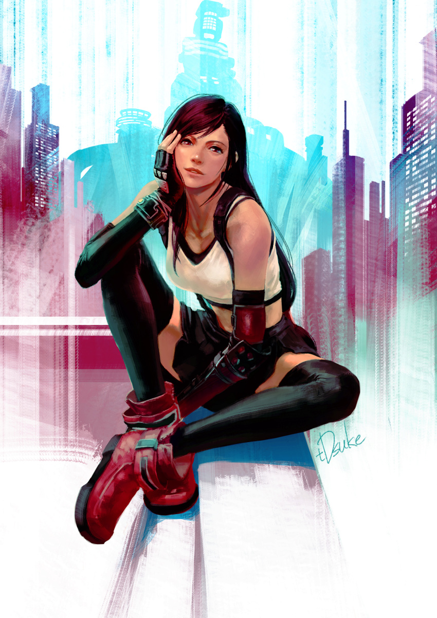 1girl ankle_boots black_hair black_legwear black_skirt boots breasts chin_rest cityscape crop_top elbow_gloves final_fantasy final_fantasy_vii final_fantasy_vii_remake fingerless_gloves full_body gloves highres lips long_hair looking_at_viewer low-tied_long_hair medium_breasts nose red_eyes red_footwear signature single_elbow_pad sitting skirt solo sports_bra suspender_skirt suspenders tdsuke thighhighs tifa_lockhart white_tank_top zettai_ryouiki