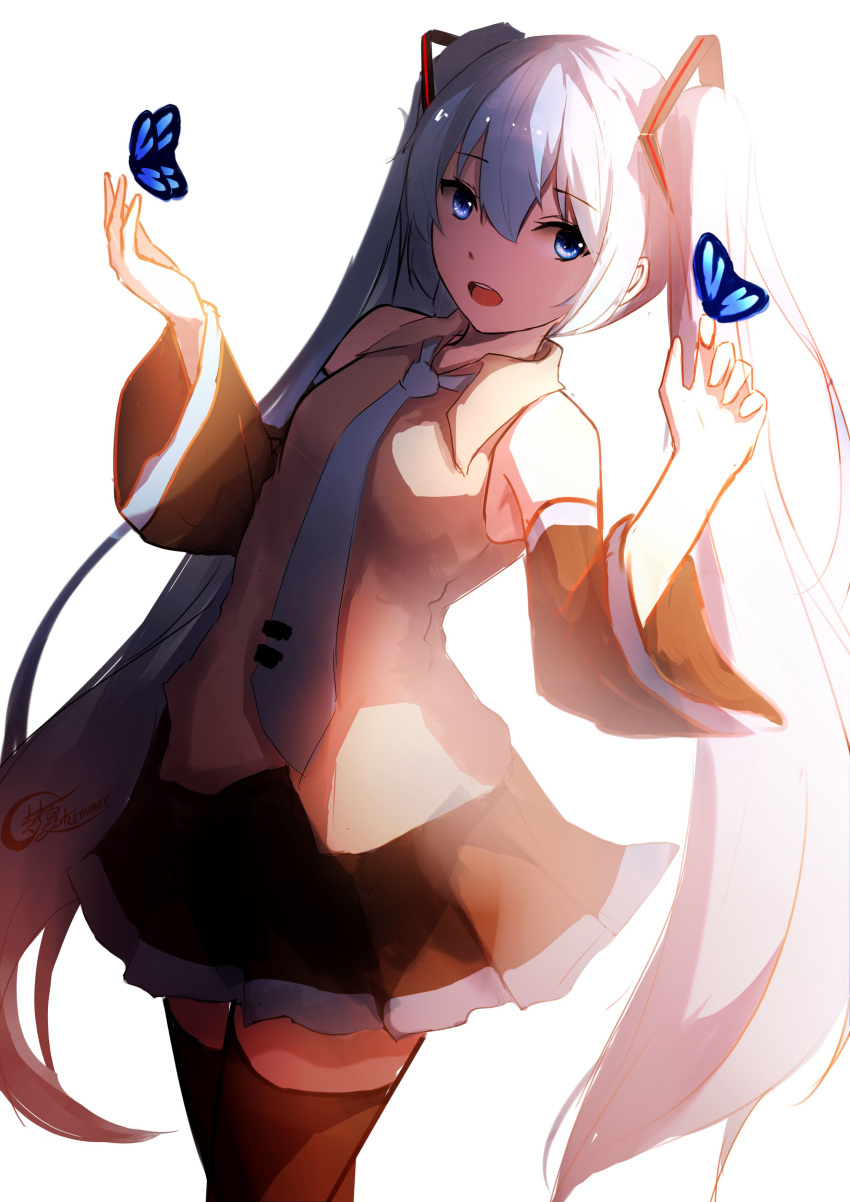 1girl absurdres aqua_neckwear bare_shoulders black_legwear black_skirt black_sleeves bloom blue_butterfly blue_eyes blue_hair bug butterfly butterfly_on_finger chinese_commentary commentary detached_sleeves grey_shirt hair_ornament hands_up hatsune_miku headset highres insect long_hair looking_to_the_side necktie open_mouth shimmer shirt sidelighting skirt sleeveless sleeveless_shirt thighhighs twintails very_long_hair vocaloid zettai_ryouiki