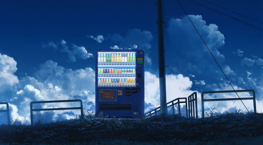 blue_sky bottle can cloud cola_(gotouryouta) commentary_request day drink grass no_humans original plant power_lines railing scenery sky utility_pole vending_machine