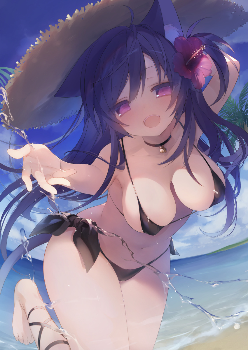 1girl :d absurdres ahoge animal_ear_fluff animal_ears arm_up armpits bare_arms bare_shoulders barefoot beach bikini black_bikini black_choker blue_hair breasts cameltoe cat_ears cat_girl cat_tail choker cleavage collarbone flower hair_flower hair_ornament hat hibiscus highres leaning_forward leg_up long_hair looking_at_viewer medium_breasts micro_bikini navel ocean one_side_up open_mouth original outstretched_arm purple_eyes purple_flower side-tie_bikini smile solo standing standing_on_one_leg straw_hat swimsuit tail very_long_hair water yoruneko