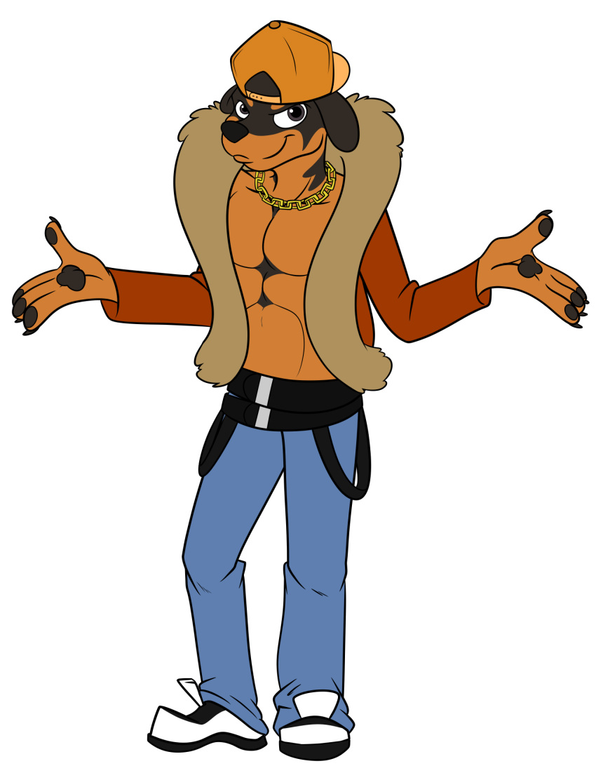 2019 4_fingers abs anthro azzyfox backwards_baseball_cap baseball_cap biped black_claws black_nose blue_bottomwear blue_clothing blue_pants bottomwear brown_body brown_countershading brown_jacket canid canine canis cel_shading chain_necklace claws clothed clothing collarbone countershade_face countershade_torso countershading digital_drawing_(artwork) digital_media_(artwork) domestic_dog fingers floppy_ears footwear full-length_portrait gold_(metal) gold_chain grey_body grey_eyes grey_pawpads handpaw hat headgear headwear jacket jeans looking_at_viewer male mammal masked_singer mastiff molosser multicolored_body muscular muscular_male narrowed_eyes open_clothing open_jacket orange_clothing orange_hat orange_headwear pants pawpads paws pecs portrait rottweiler rottweiler_(masked_singer) shoes shrug simple_background smile smirk smug snout solo standing topwear two_tone_body white_background