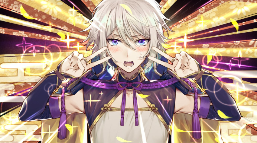 1boy bangs blue_eyes blush chinese_clothes csyko double_v emotional_engine_-_full_drive fate/grand_order fate_(series) gao_changgong_(fate) grey_hair hair_between_eyes hands_up long_hair looking_at_viewer male_focus no_mask open_mouth parody silver_hair solo sparkle v