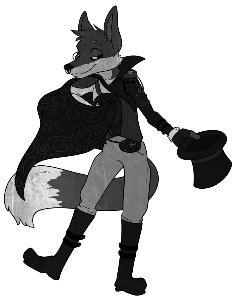 2019 anthro azzyfox biped black_and_white black_sclera boots bottomwear canid canine cape cheek_tuft clothed clothing countershade_face countershade_torso countershading cybernetics cyborg digital_drawing_(artwork) digital_media_(artwork) dipstick_tail eyebrows eyes_mostly_closed eyewear facial_piercing facial_tuft fanny_pack flat_texture footwear fox fox_(masked_singer) full-length_portrait fully_clothed fur fur_tuft hat head_tuft headgear headwear hi_res holding_hat long_tail machine male mammal masked_singer monochrome monocle multicolored_tail narrowed_eyes nose_piercing nose_ring on_one_leg pants piercing portrait pose prick_ears prosthetic prosthetic_arm prosthetic_limb septum_piercing shirt simple_background smile smirk smug snout solo standing steampunk top_hat topwear tuft white_background wiring