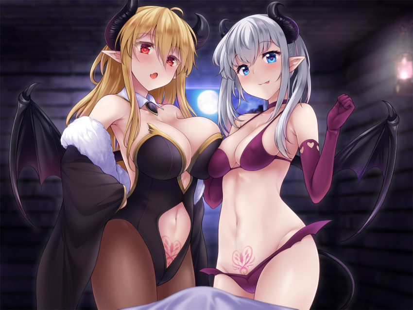 blonde_hair blue_eyes breasts demon elbow_gloves gloves gray_hair horns long_hair navel pantyhose pointed_ears red_eyes succubus tattoo uni8 wings