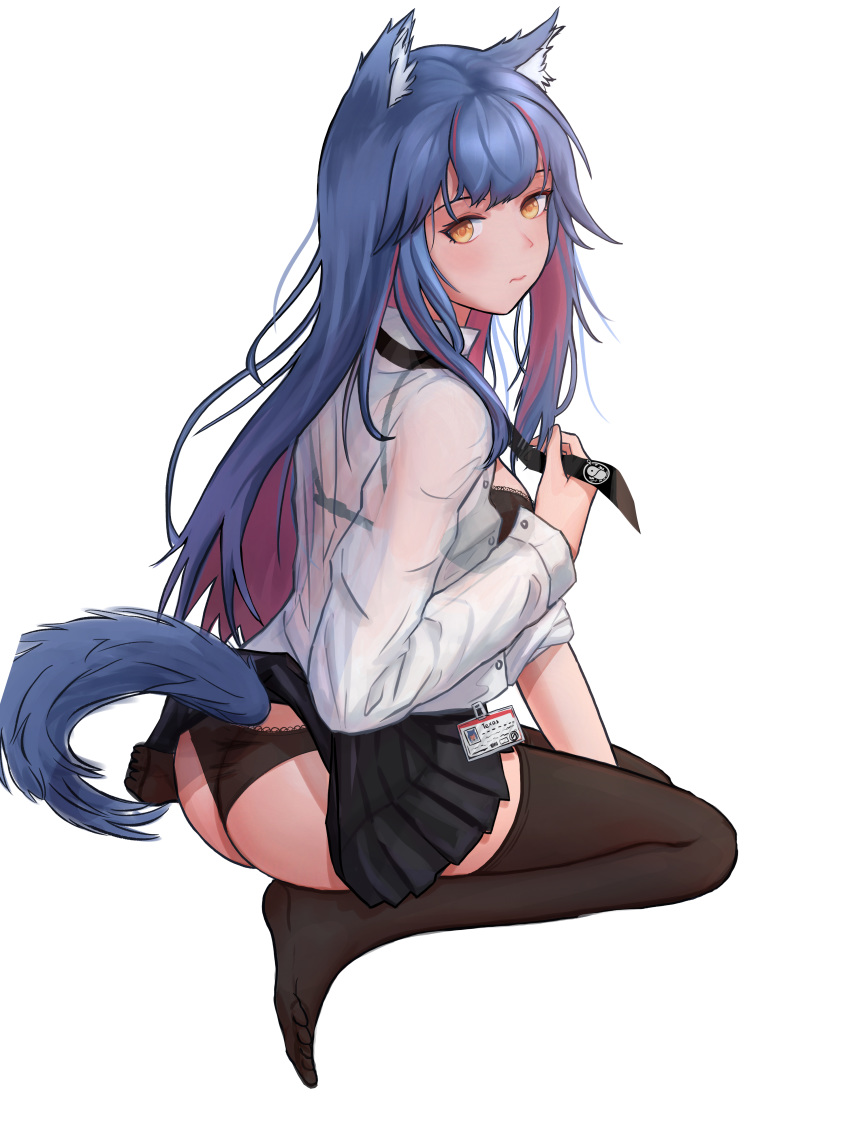 1girl absurdres alternate_costume animal_ear_fluff animal_ears arknights ass bangs black_bra black_legwear black_neckwear black_skirt blue_hair blush bra breasts brown_eyes from_behind highres id_card laozhanshi long_hair long_sleeves looking_at_viewer looking_back medium_breasts miniskirt multicolored_hair necktie no_shoes pleated_skirt red_hair revision see-through seiza shirt sidelocks simple_background sitting skirt solo tail texas_(arknights) thighhighs thighs underwear white_background white_shirt wolf_ears wolf_tail