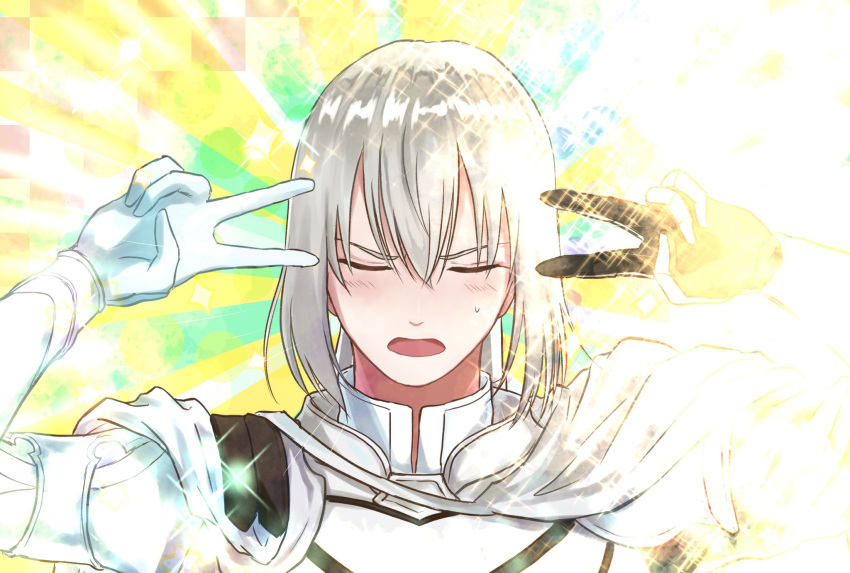 armor bangs bedivere blonde_hair blush closed_eyes double_v emotional_engine_-_full_drive fate/grand_order fate/stay_night fate_(series) hair_between_eyes hands_up highres knights_of_the_round_table_(fate) long_hair long_sleeves looking_at_viewer noraillust parody solo sparkle v