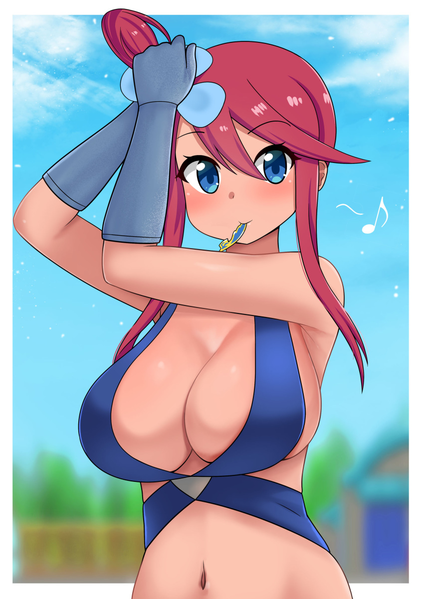 1girl absurdres adjusting_hair bangs bikini blue_bikini blue_eyes blush breasts cleavage commentary eyebrows_visible_through_hair fuuro_(pokemon) gloves hair_ornament highres large_breasts looking_at_viewer musical_note navel pokemon pokemon_(game) pokemon_bw red_hair smile swept_bangs swimsuit the_only_shoe tying_hair