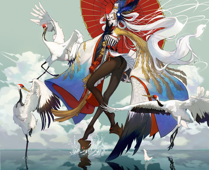 1girl bare_shoulders beak bell bird fan feathers flying hair_ornament headdress highres japanese_clothes kokage_no_shita long_hair onmyoji pantyhose platform_clogs reflection shirt skirt splashing striped striped_shirt swan ubume_(onmyoji) umbrella very_long_hair walking walking_on_liquid water white_hair wings yellow_eyes