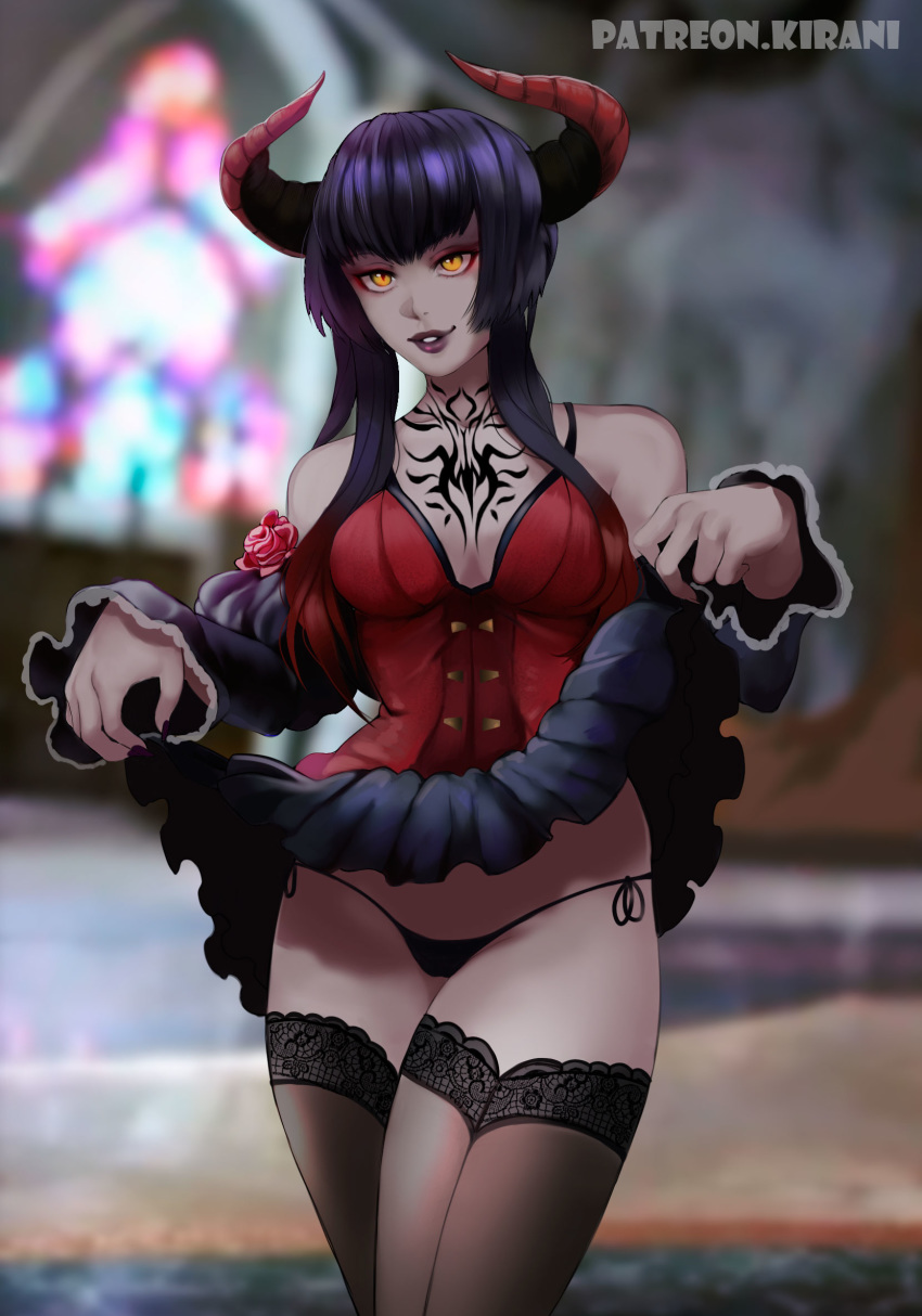 1girl bangs black_legwear black_panties breasts cameltoe chest_tattoo curtsey demon_horns detached_sleeves eliza_(tekken) eyeshadow fingernails flower gothic_lolita gradient_hair highres horns kirani lace lace-trimmed_legwear lipstick lolita_fashion makeup medium_breasts multicolored_hair pale_skin panties patreon_username purple_hair purple_lipstick purple_nails red_hair rose seamed_legwear sharp_fingernails sheer_legwear short_hair_with_long_locks side-tie_panties slit_pupils solo spaghetti_strap tattoo tekken tekken_7 thighhighs underwear vampire yellow_eyes