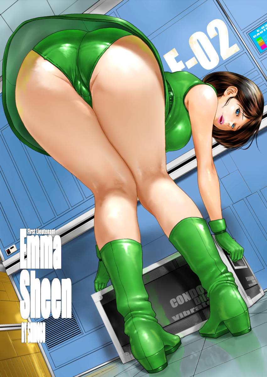 1girl ass bangs bent_over blue_eyes boots breasts brown_hair commentary_request dress dutch_angle emma_sheen english_text from_behind full_body gloves green_dress green_footwear green_gloves green_panties gundam highres indoors looking_at_viewer looking_back open_mouth panties parted_bangs pigeon-toed reflection shinobu_(tyno) short_hair solo standing trefoil underwear zeta_gundam