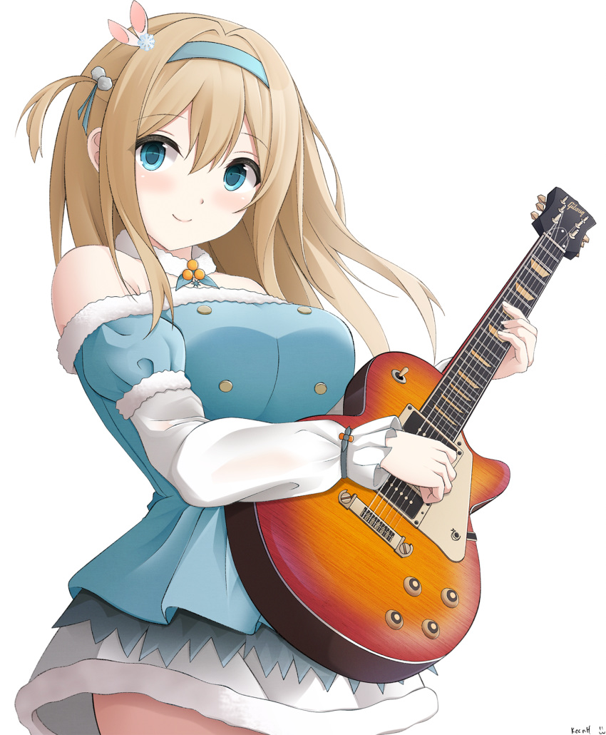 1girl bangs blue_dress blue_eyes blue_hairband blush breasts brown_hair closed_mouth commentary_request dress eyebrows_visible_through_hair fur-trimmed_dress fur-trimmed_sleeves fur_trim girls_frontline guitar hair_between_eyes hair_ornament hairband highres holding holding_instrument instrument keenh les_paul long_hair long_sleeves looking_at_viewer medium_breasts one_side_up puffy_short_sleeves puffy_sleeves short_over_long_sleeves short_sleeves simple_background sleeves_past_wrists smile snowflake_hair_ornament solo strapless strapless_dress suomi_kp31_(girls_frontline) white_background